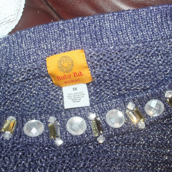 RUBY RD. NAVY BLUE SILVER BEADED NECKLINE PULL OVER FRINGE SWEATER 1X EUC - Picture 5 of 5